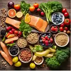 food healthy, fish, berries, nuts, veggies