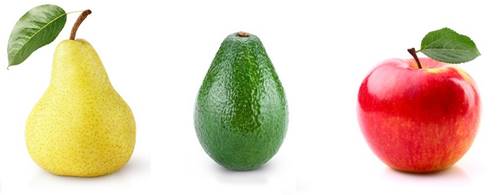 images of a pear an apple and an avocado