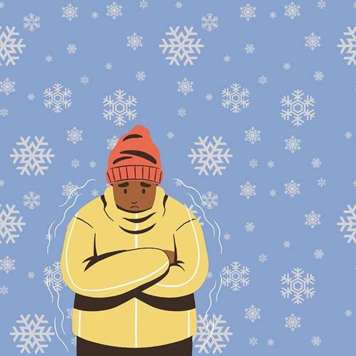 Hypothermia drawing of a man with warm clothes and hat shivering with snowflakes falling
