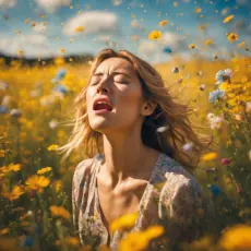 woman sneezing in field with flowers