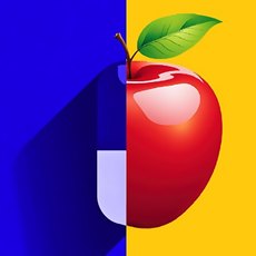 apple and pill drawn in red blue and yellow