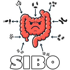 drawing of inflammed intestine with germs around it