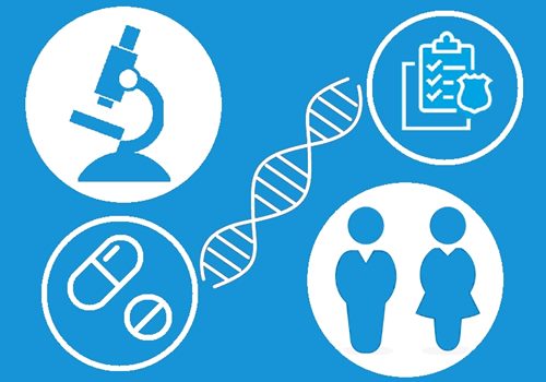 blue and white image with man and woman, pills, DNA strand, microscope and clipboard, allegory of a scientific medical study