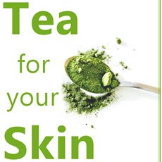 green matcha tea on a spoon and text